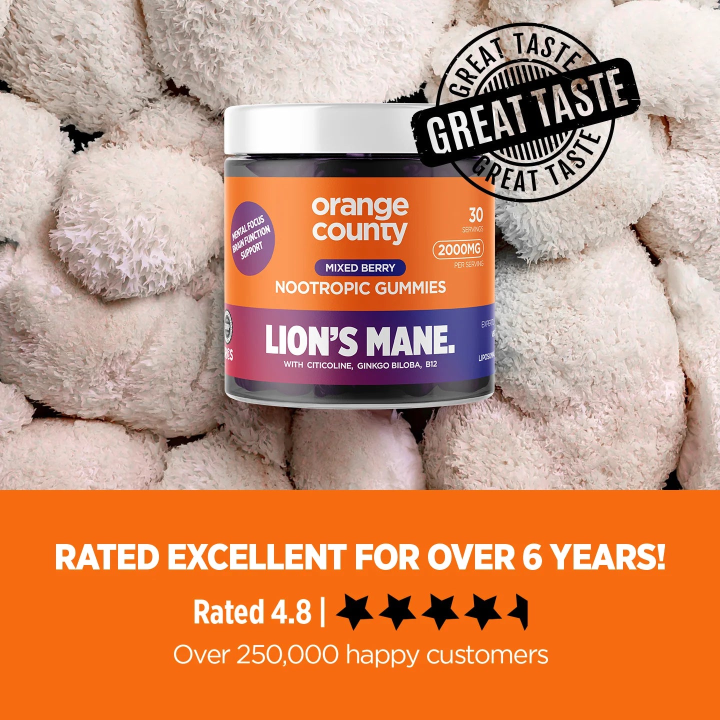 Orange County CBD - Lion's Mane Cognitive Boost Gummies - Mixed Berry Flavour - 30 Servings.